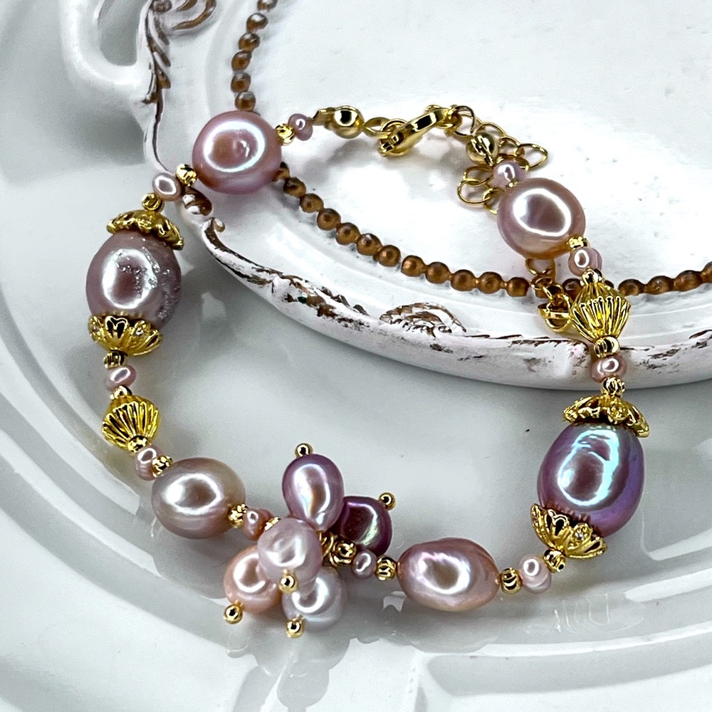 🔥🔥 Handmade Freshwater Pink Lavender Edison Pearl Bracelet Adjustable